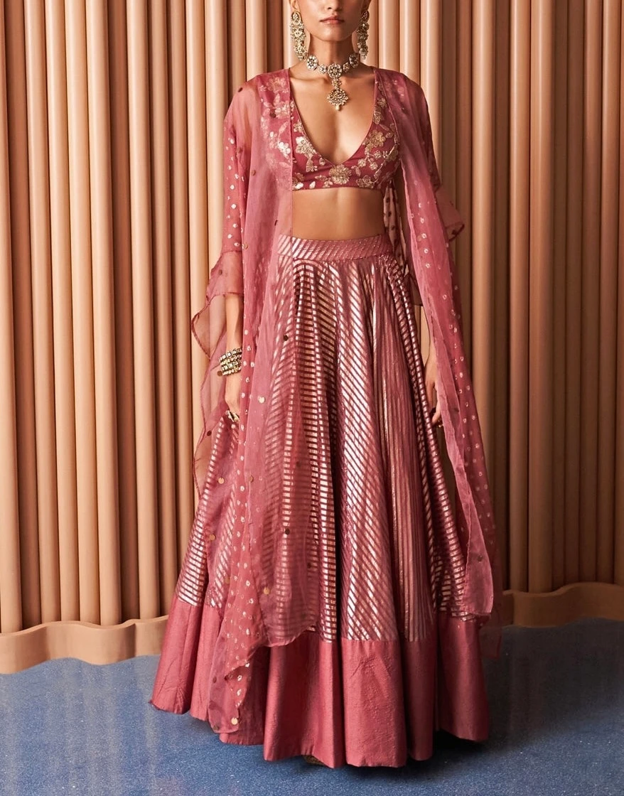 Rose Pink Lehenga With Cape - Rishi Vibhuti