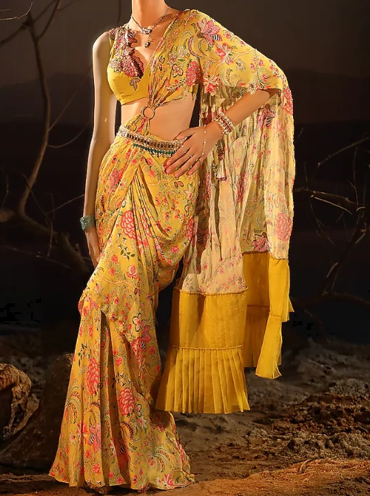Aditi Gupta Yellow Floral Saree